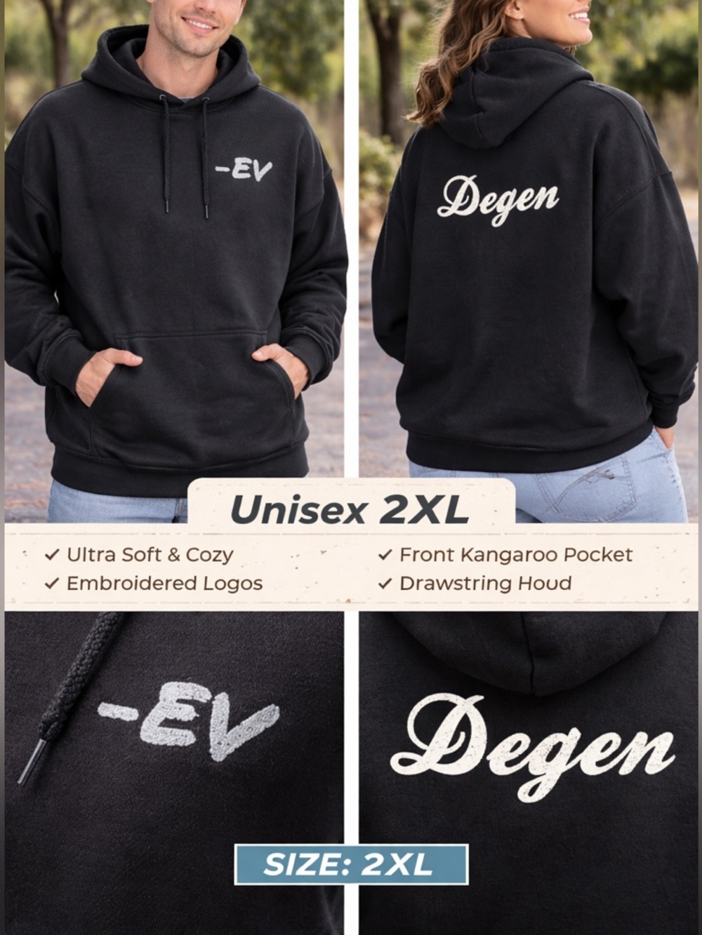 Unisex Degen Embroidered Black Hoodie with -EV Accent 2XL